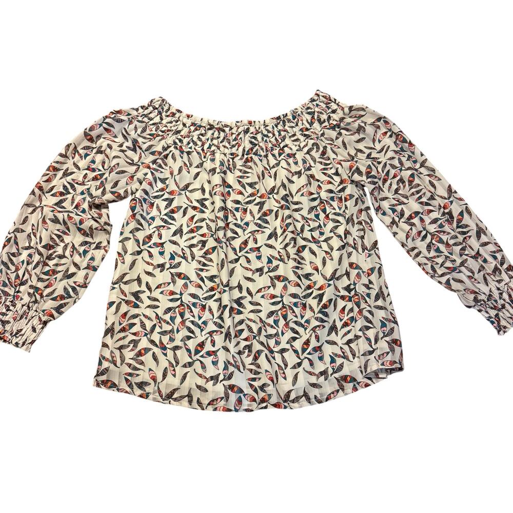 Joy Joy Women’s off the shoulder blouse, feathers and faint stripes, Size XS